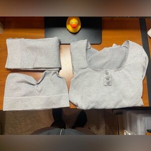 Fabletics Light Gray Ribbed Lounge Set - Top, Bralette & Leggings